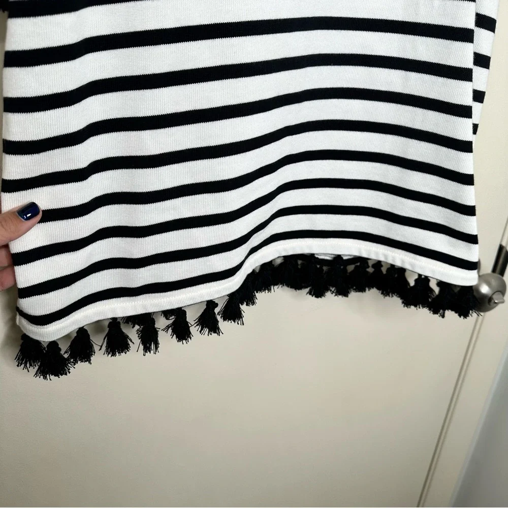 Kate Spade Black and Off White Stripe Flutter Sleeve Tassel Top - Picture 5 of 9